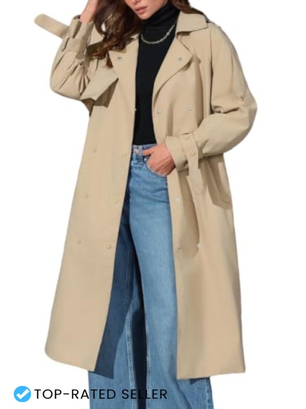 Women's Trench Coat Double-Breasted Windproof Belted Long Jacket